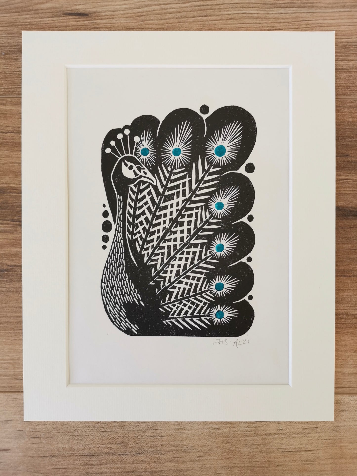 Peacock bird folksy style hand printed linocut nature art print