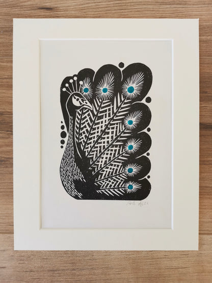 Peacock bird folksy style hand printed linocut nature art print