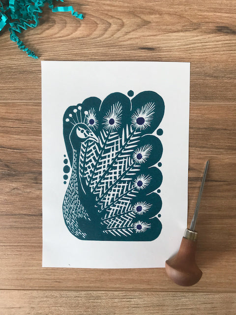 Peacock bird folksy style hand printed linocut nature art print - teal