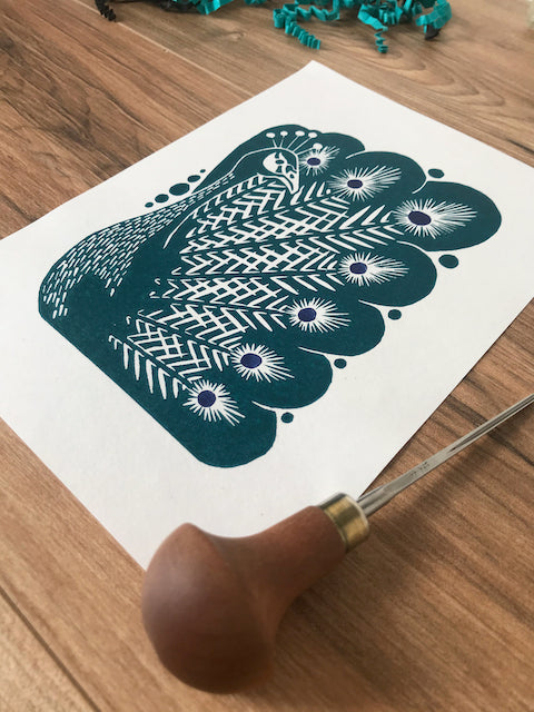 Peacock bird folksy style hand printed linocut nature art print - teal