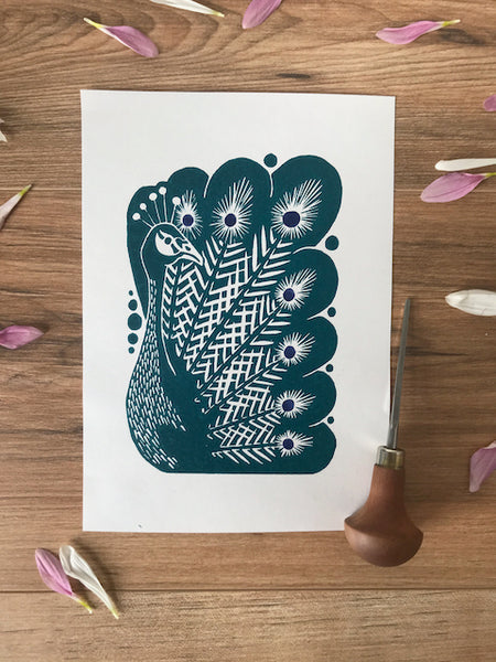Peacock bird folksy style hand printed linocut nature art print - teal