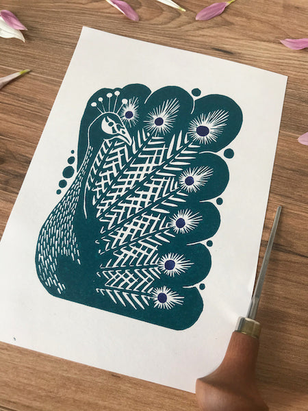 Peacock bird folksy style hand printed linocut nature art print - teal