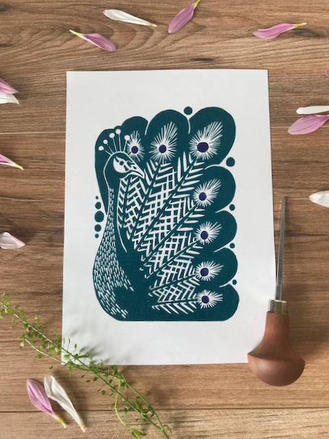 Peacock bird folksy style hand printed linocut nature art print - teal
