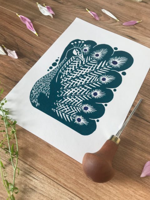 Peacock bird folksy style hand printed linocut nature art print - teal