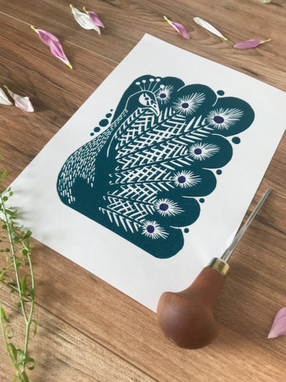 Peacock bird folksy style hand printed linocut nature art print - teal