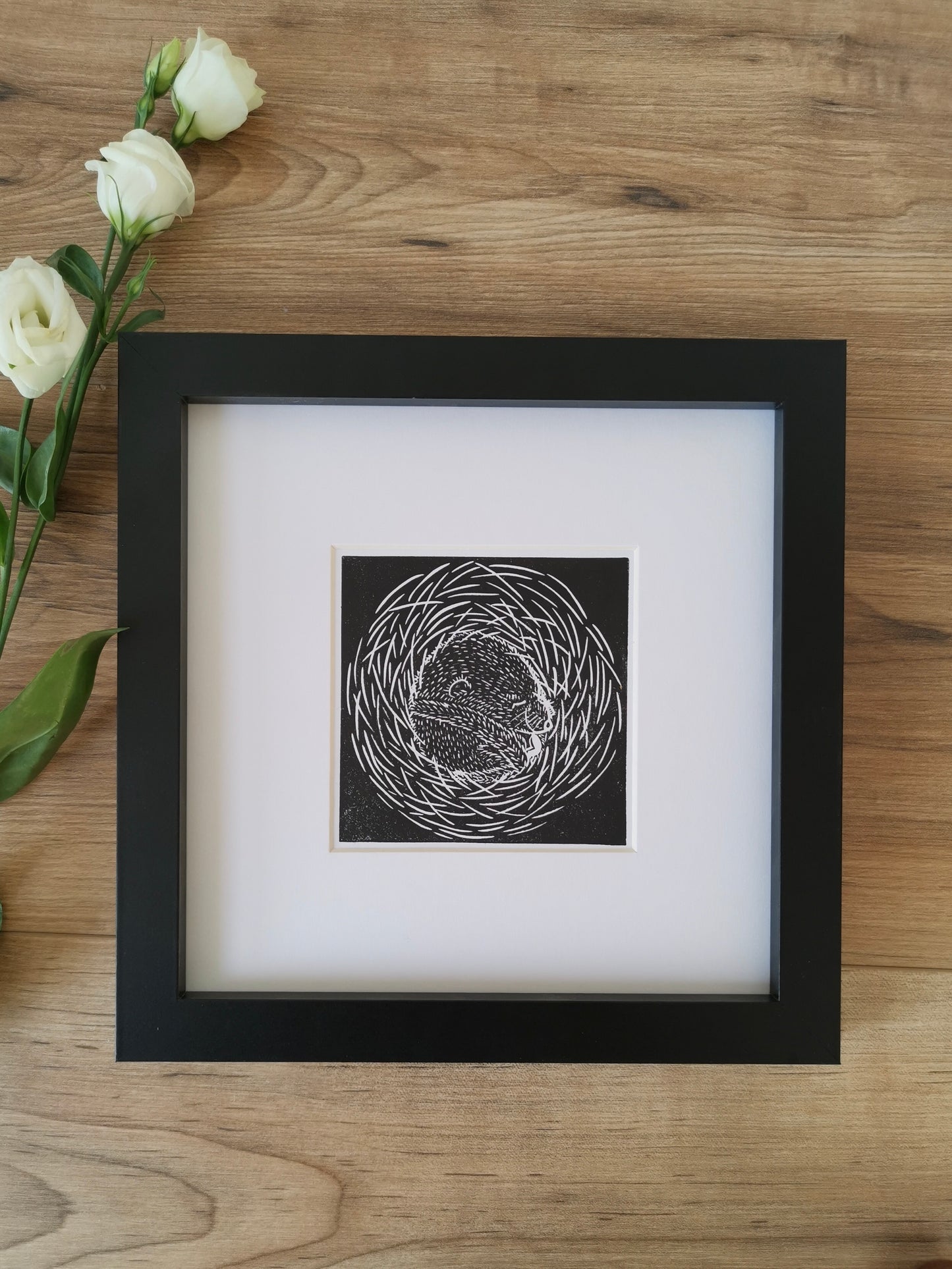 Sleepy torpid Hazel Dormouse Linocut art print