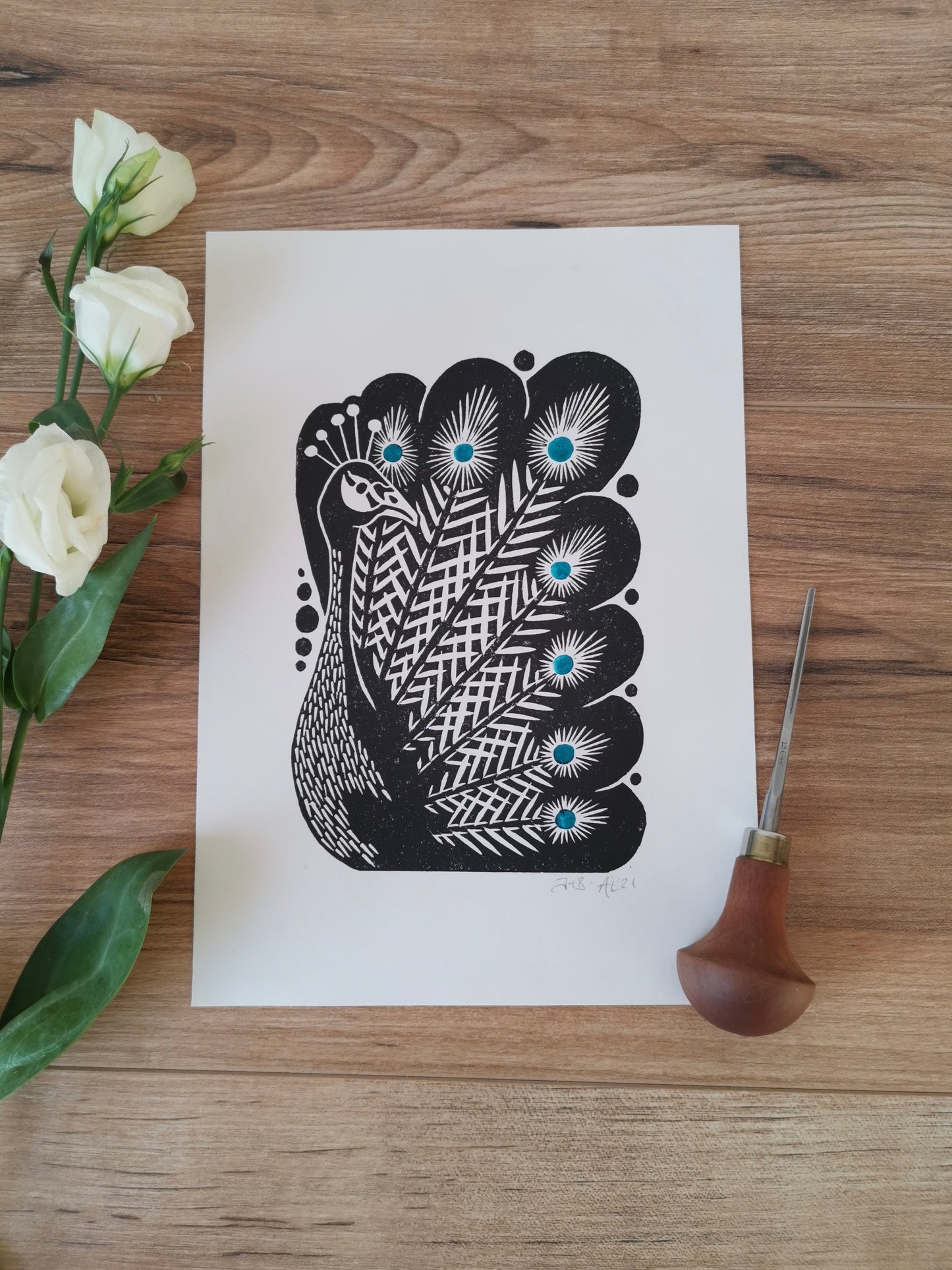 Peacock bird folksy style hand printed linocut nature art print
