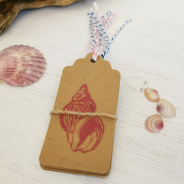 6pk hand printed Whelk Shell gift tags / present tags for gift wrapping