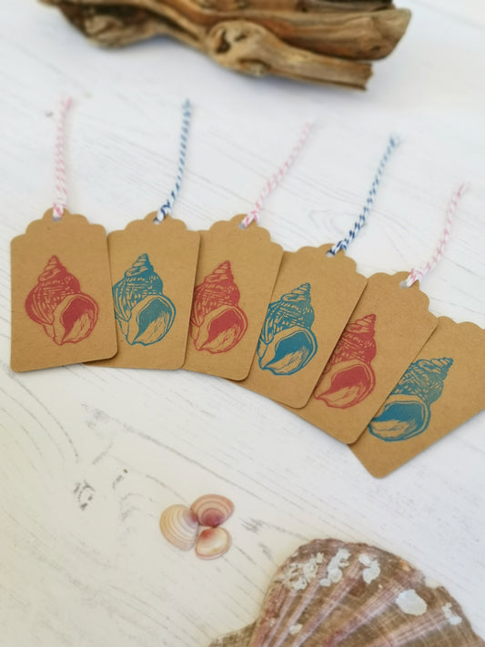 6pk hand printed Whelk Shell gift tags / present tags for gift wrapping