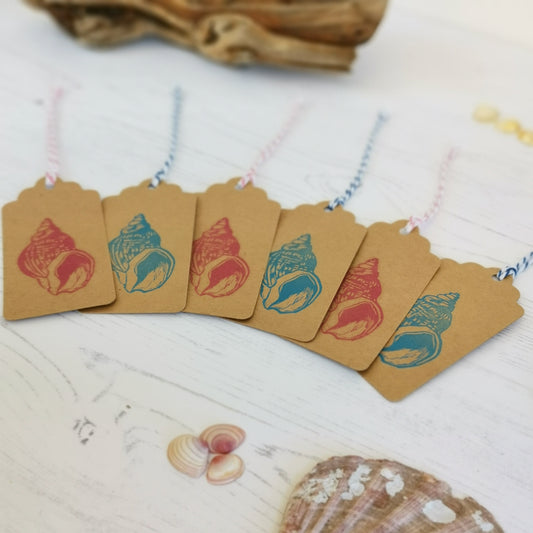 6pk hand printed Whelk Shell gift tags / present tags for gift wrapping