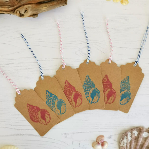 6pk hand printed Whelk Shell gift tags / present tags for gift wrapping