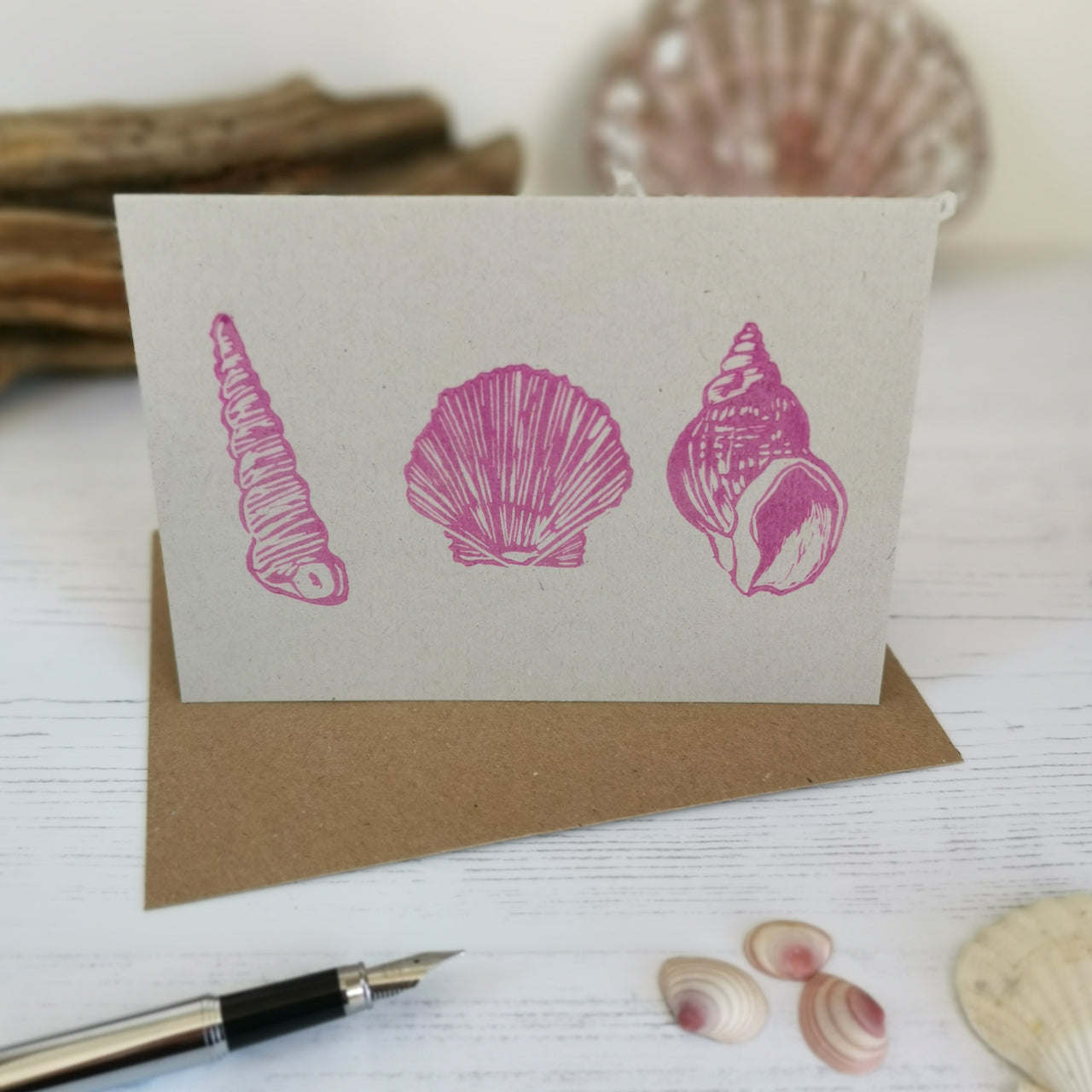 Hand printed seashore shell greeting card, Lino cut print blank card, birthday card, thank you card