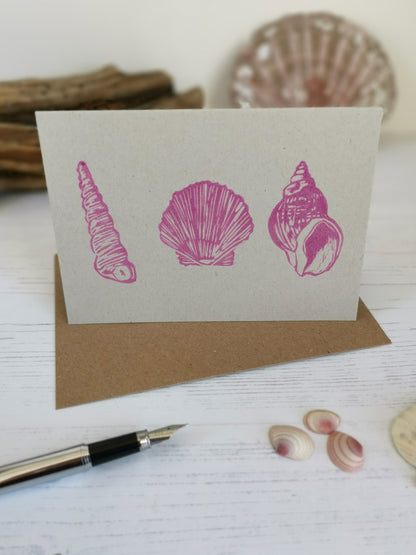 Hand printed seashore shell greeting card, Lino cut print blank card, birthday card, thank you card