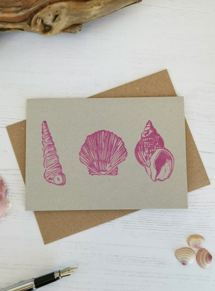 Hand printed seashore shell greeting card, Lino cut print blank card, birthday card, thank you card