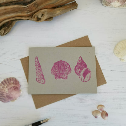 Hand printed seashore shell greeting card, Lino cut print blank card, birthday card, thank you card