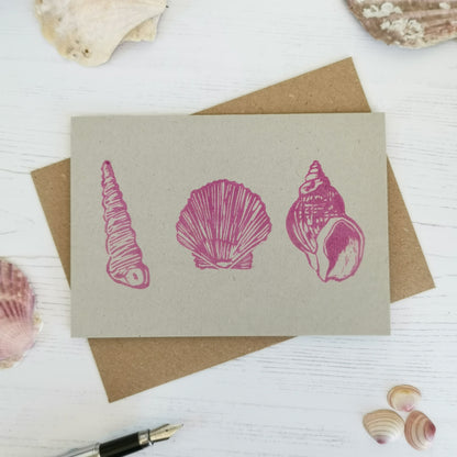 Hand printed seashore shell greeting card, Lino cut print blank card, birthday card, thank you card