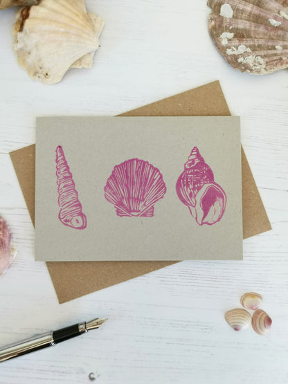 Hand printed seashore shell greeting card, Lino cut print blank card, birthday card, thank you card