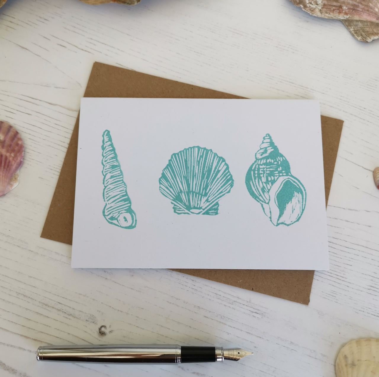 Hand printed seashore shell greeting card, Lino cut print blank card, birthday card, thank you card