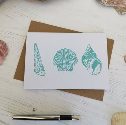 Hand printed seashore shell greeting card, Lino cut print blank card, birthday card, thank you card