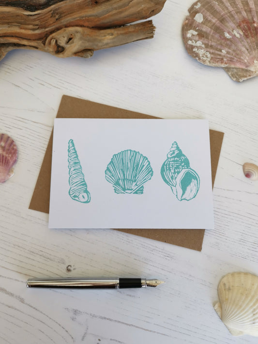 Hand printed seashore shell greeting card, Lino cut print blank card, birthday card, thank you card