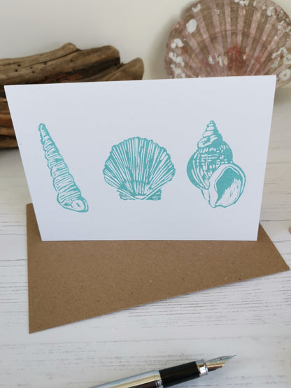 Hand printed seashore shell greeting card, Lino cut print blank card, birthday card, thank you card