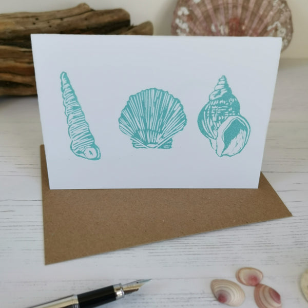 Hand printed seashore shell greeting card, Lino cut print blank card, birthday card, thank you card