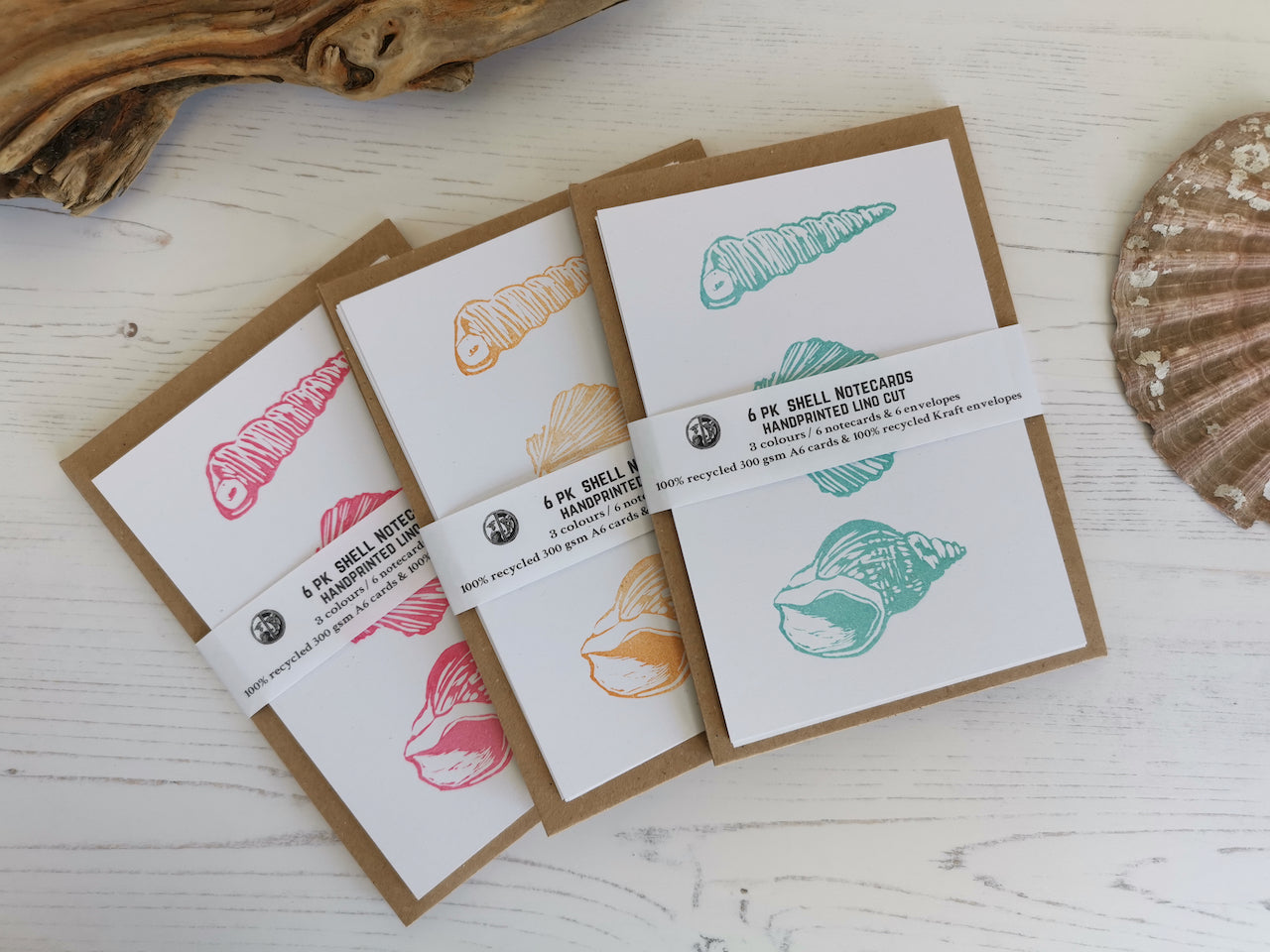 Seashell notecards, notelets, hand printed postcards, A6 Lino cut cards with envelopes