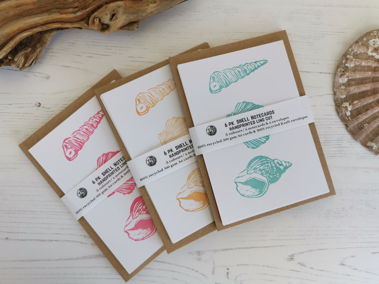 Seashell notecards, notelets, hand printed postcards, A6 Lino cut cards with envelopes
