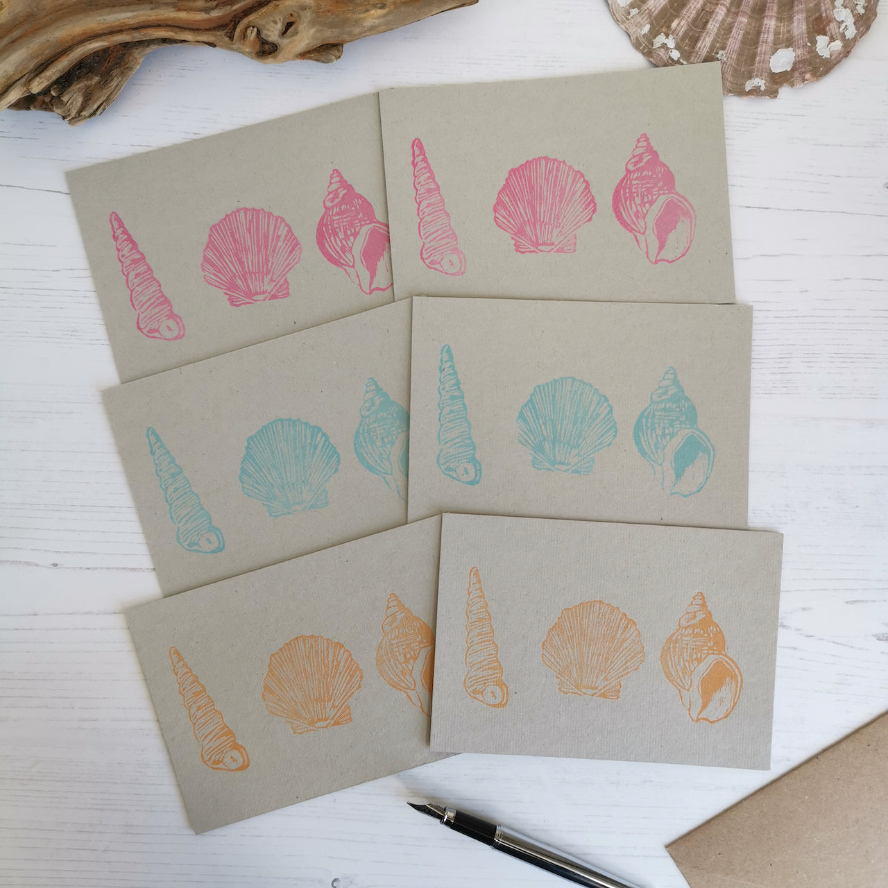 Seashell notecards, notelets, hand printed postcards, A6 Lino cut cards with envelopes