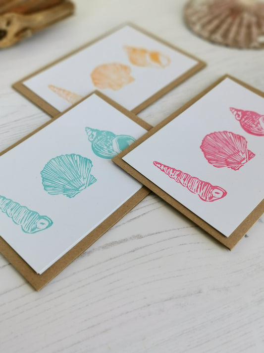 Seashell notecards, notelets, hand printed postcards, A6 Lino cut cards with envelopes
