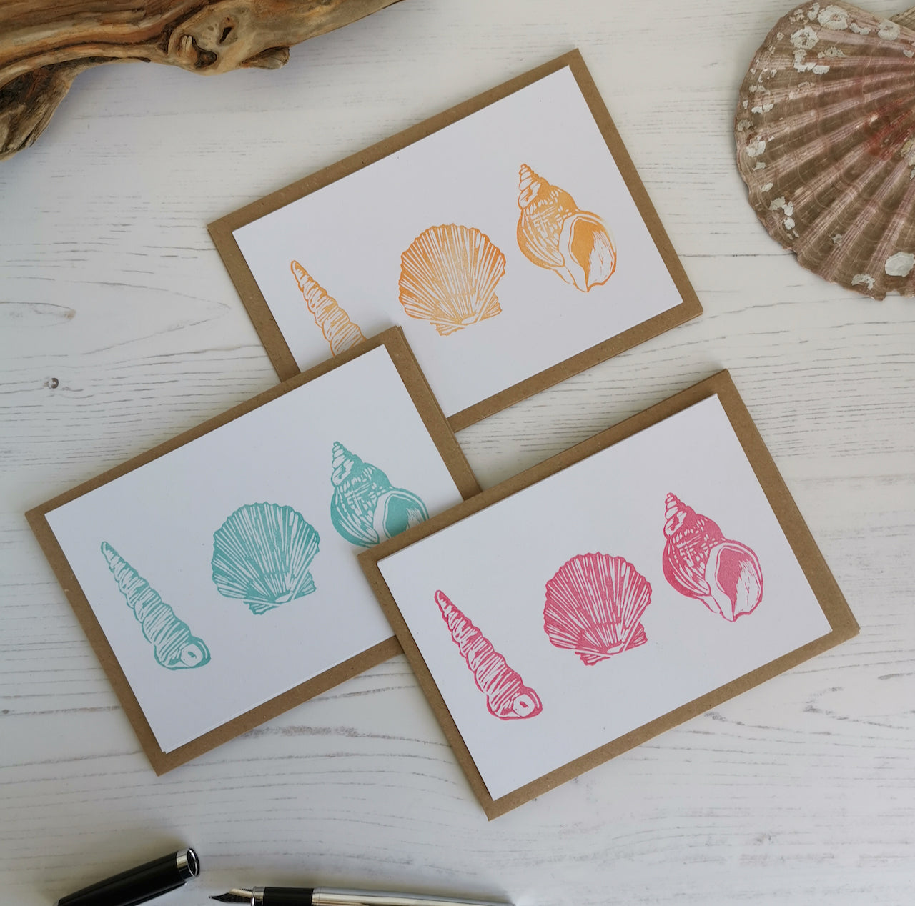 Seashell notecards, notelets, hand printed postcards, A6 Lino cut cards with envelopes