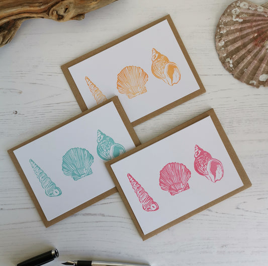 Seashell notecards, notelets, hand printed postcards, A6 Lino cut cards with envelopes
