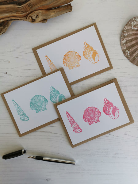 Seashell notecards, notelets, hand printed postcards, A6 Lino cut cards with envelopes