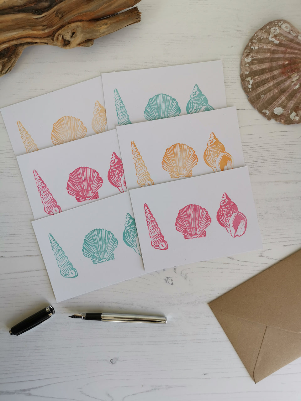 Seashell notecards, notelets, hand printed postcards, A6 Lino cut cards with envelopes