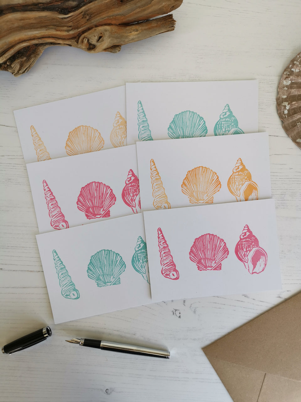 Seashell notecards, notelets, hand printed postcards, A6 Lino cut cards with envelopes