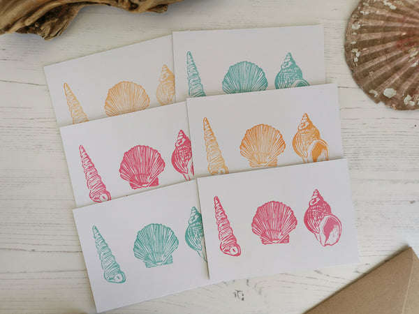 Seashell notecards, notelets, hand printed postcards, A6 Lino cut cards with envelopes