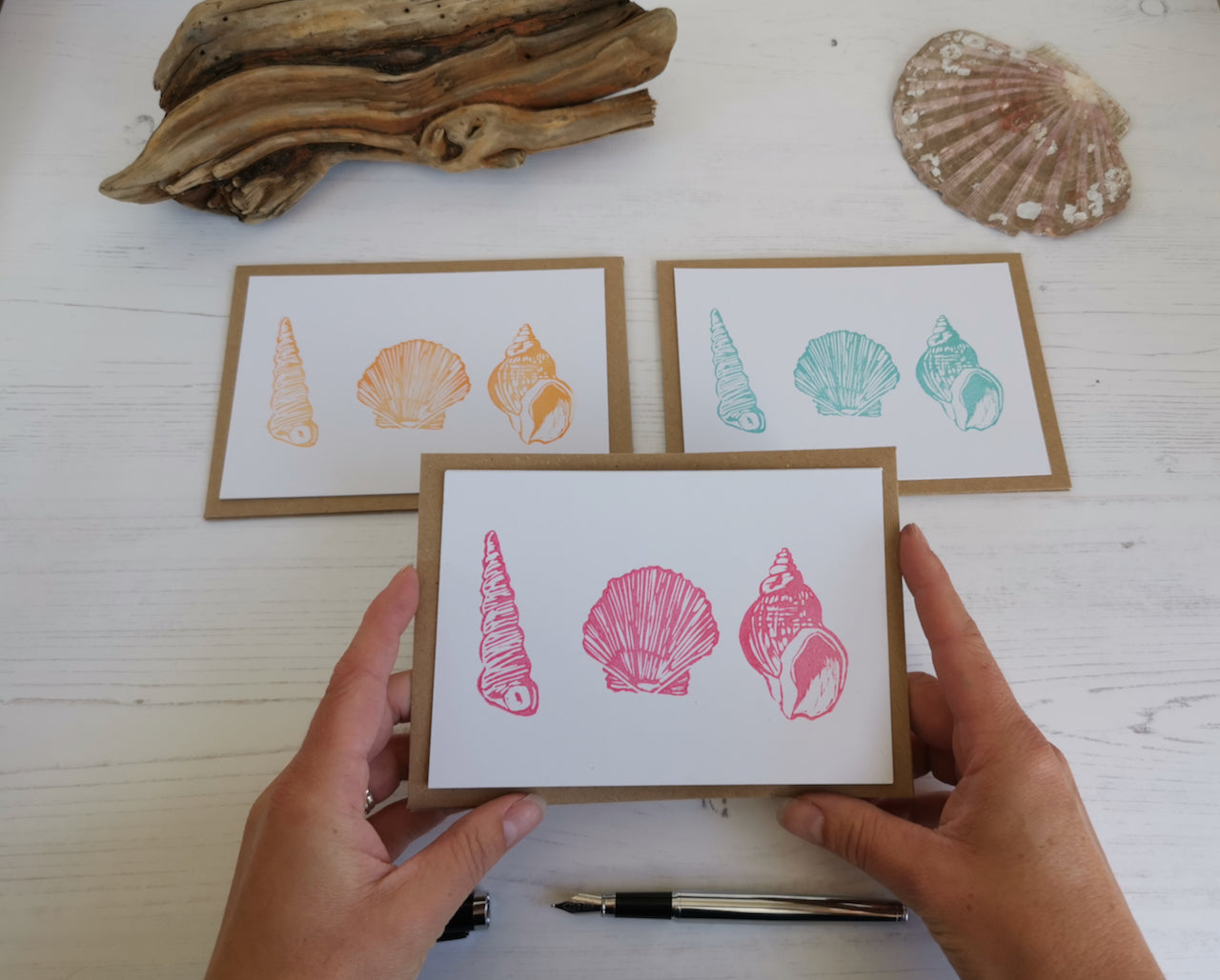Seashell notecards, notelets, hand printed postcards, A6 Lino cut cards with envelopes