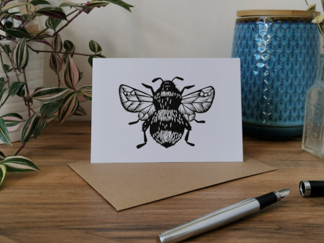 Bumblebee, bee greeting card, Lino cut print blank card, birthday card, thank you card