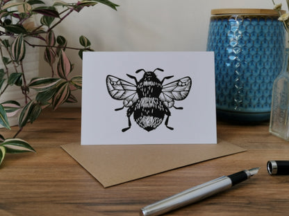 Bumblebee, bee greeting card, Lino cut print blank card, birthday card, thank you card