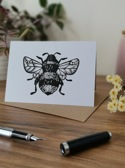 Bumblebee, bee greeting card, Lino cut print blank card, birthday card, thank you card
