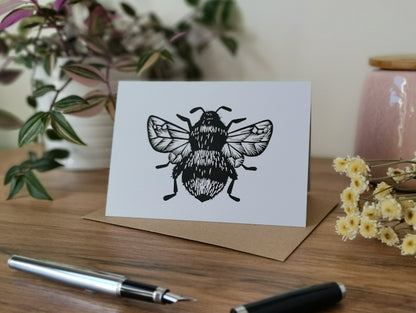 Bumblebee, bee greeting card, Lino cut print blank card, birthday card, thank you card