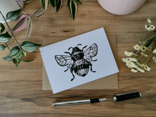 Bumblebee, bee greeting card, Lino cut print blank card, birthday card, thank you card