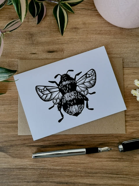 Bumblebee, bee greeting card, Lino cut print blank card, birthday card, thank you card