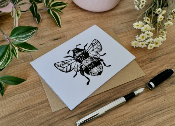 Bumblebee, bee greeting card, Lino cut print blank card, birthday card, thank you card