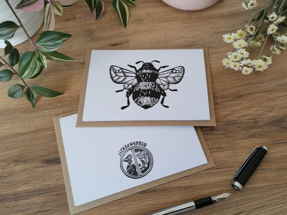 Bumblebee, bee greeting card, Lino cut print blank card, birthday card, thank you card