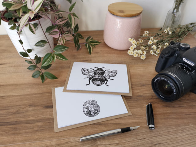Bumblebee, bee greeting card, Lino cut print blank card, birthday card, thank you card