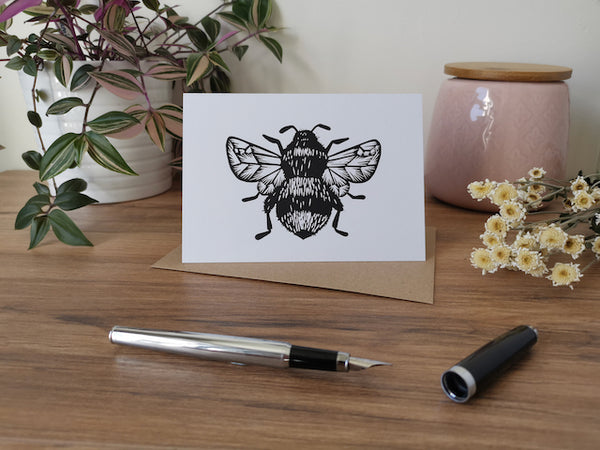 Bumblebee, bee greeting card, Lino cut print blank card, birthday card, thank you card