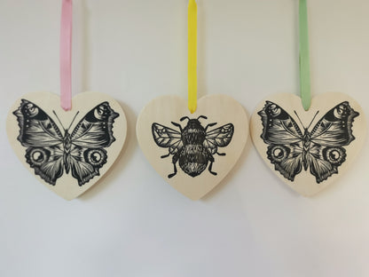 Bumblebee heart hanging decoration - wooden hand printed Linocut
