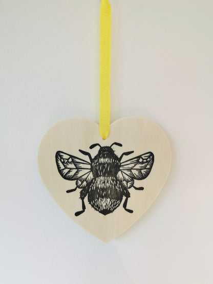 Bumblebee heart hanging decoration - wooden hand printed Linocut