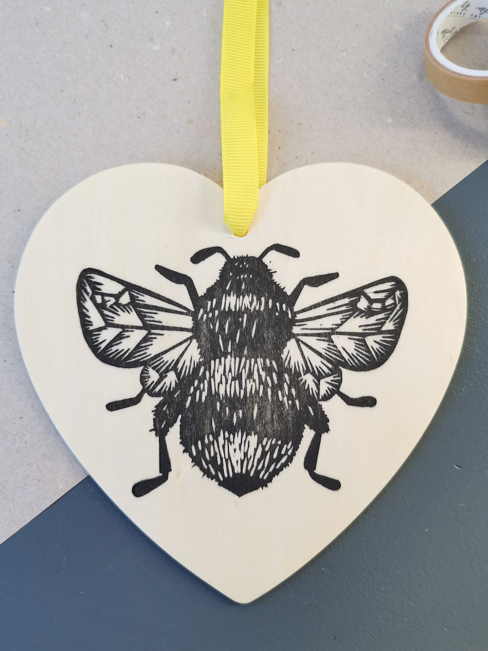 Bumblebee heart hanging decoration - wooden hand printed Linocut